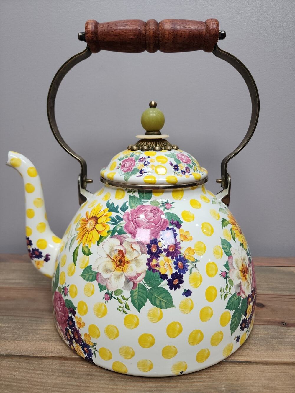 Mackenzie-Childs Buttercup 5 Qt Enamel Tea Kettle Large Floral Polka Dot Vintage